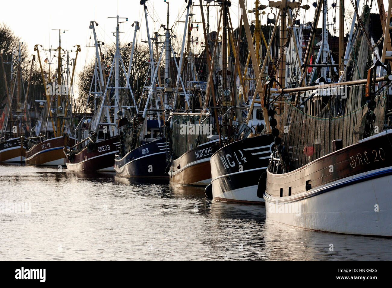 Crab cutters in the harbor of Greetsiel, North Sea, Lower Saxony, Germany Stock Photo