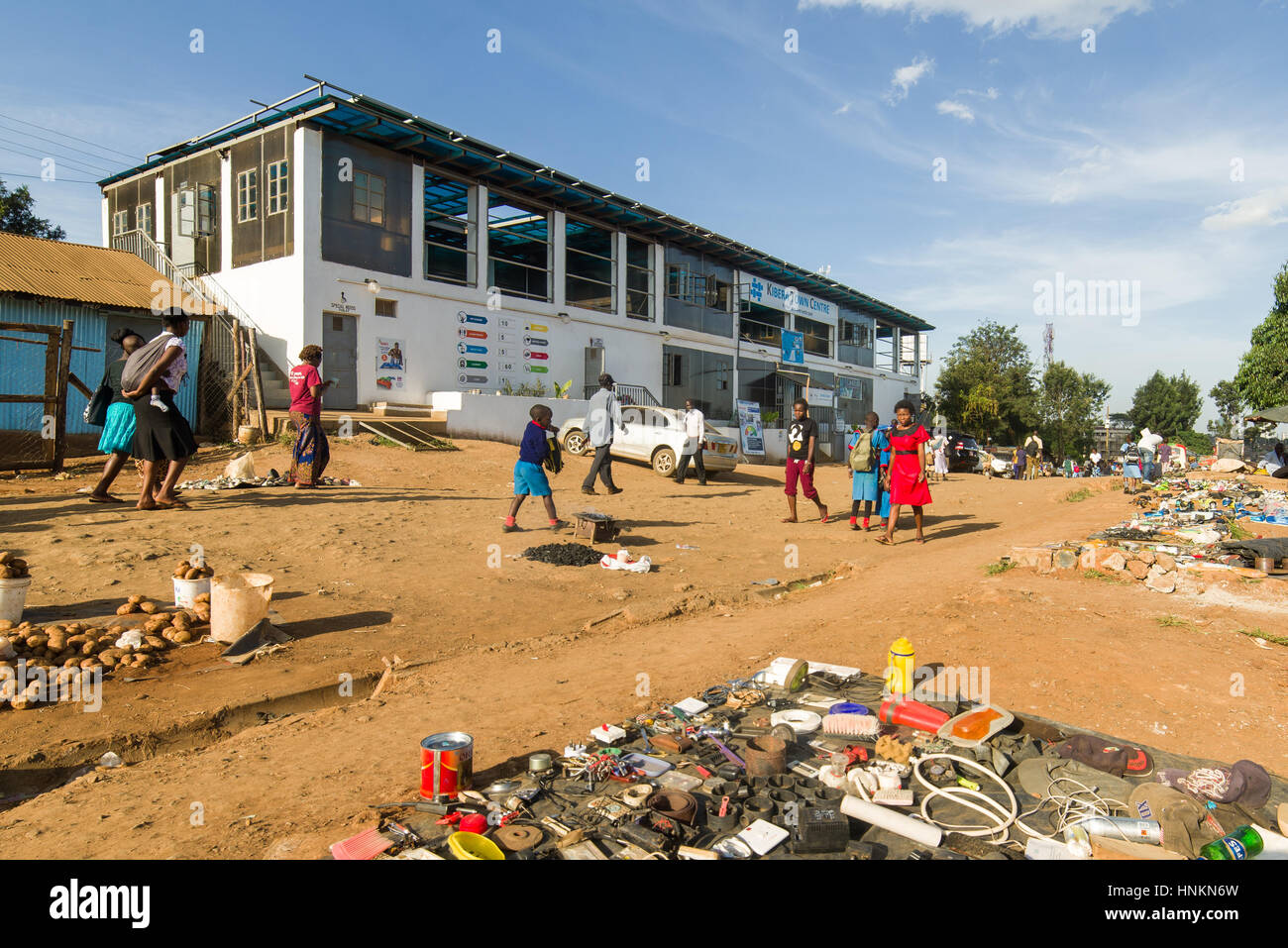 Kibera Town Centre in Kibera Slum, it provides access to clean water, showers and washing facilities to residents, Nairobi, Kenya Stock Photo