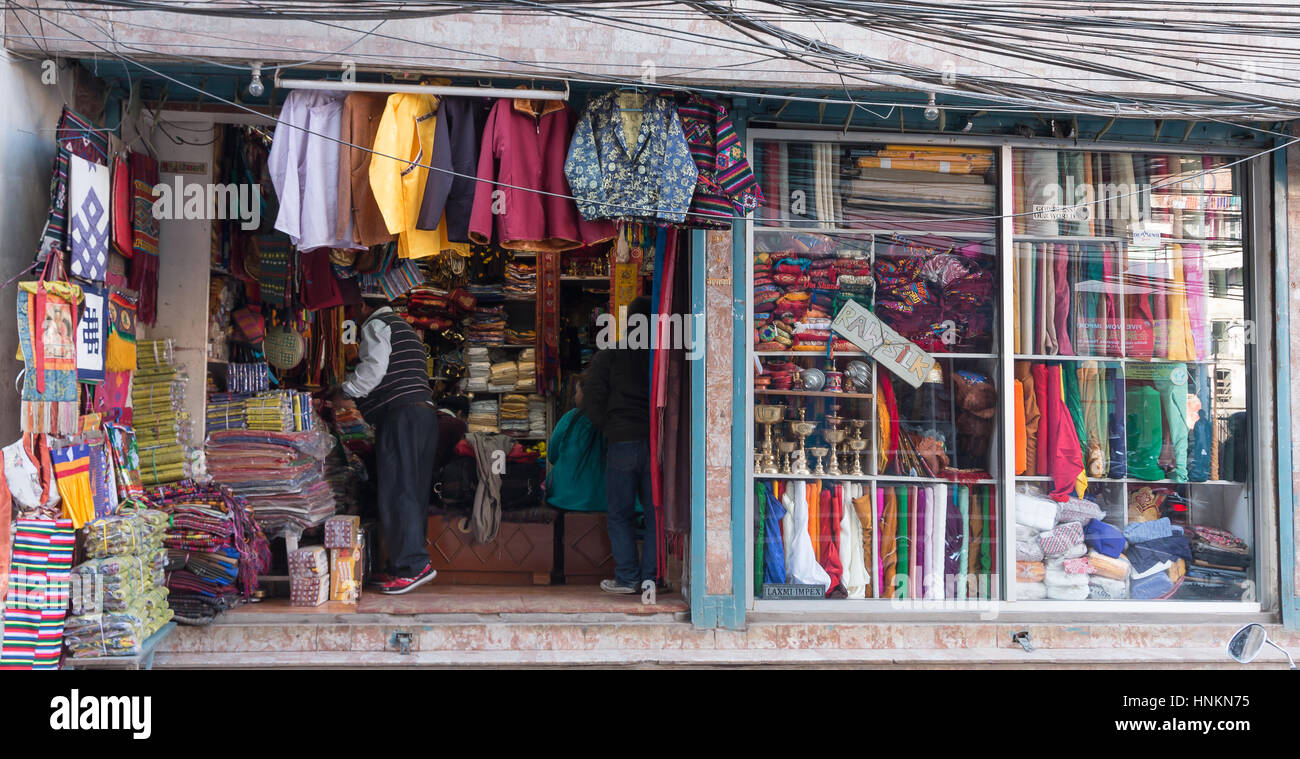 Shop keeps and crowds in the streets of Kathmandu, Nepal Stock Photo