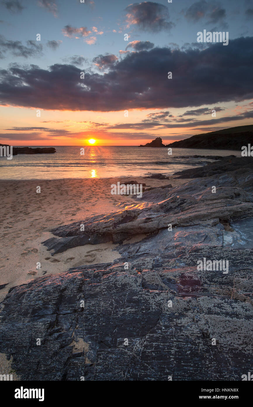Sunset, Trevone, Beach, Cornwall Stock Photo