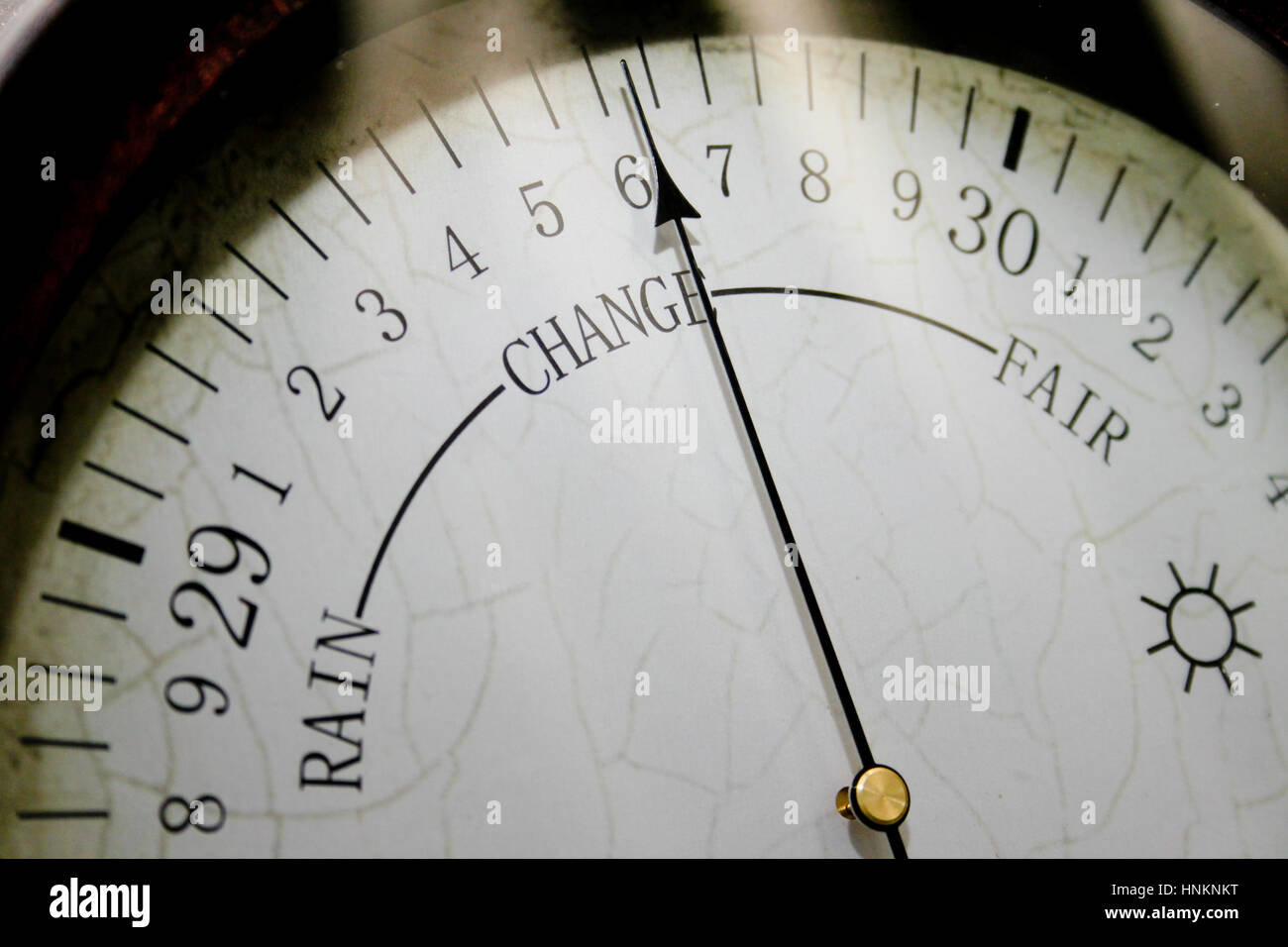 close up of a home barometer reading "change Stock Photo Alamy