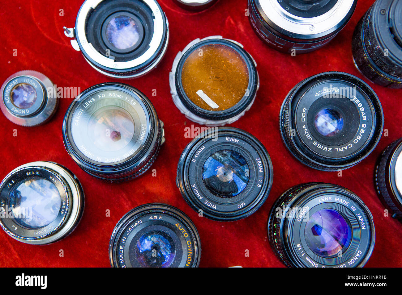 Collection of vintage SLR interchangeable lenses for analogue film