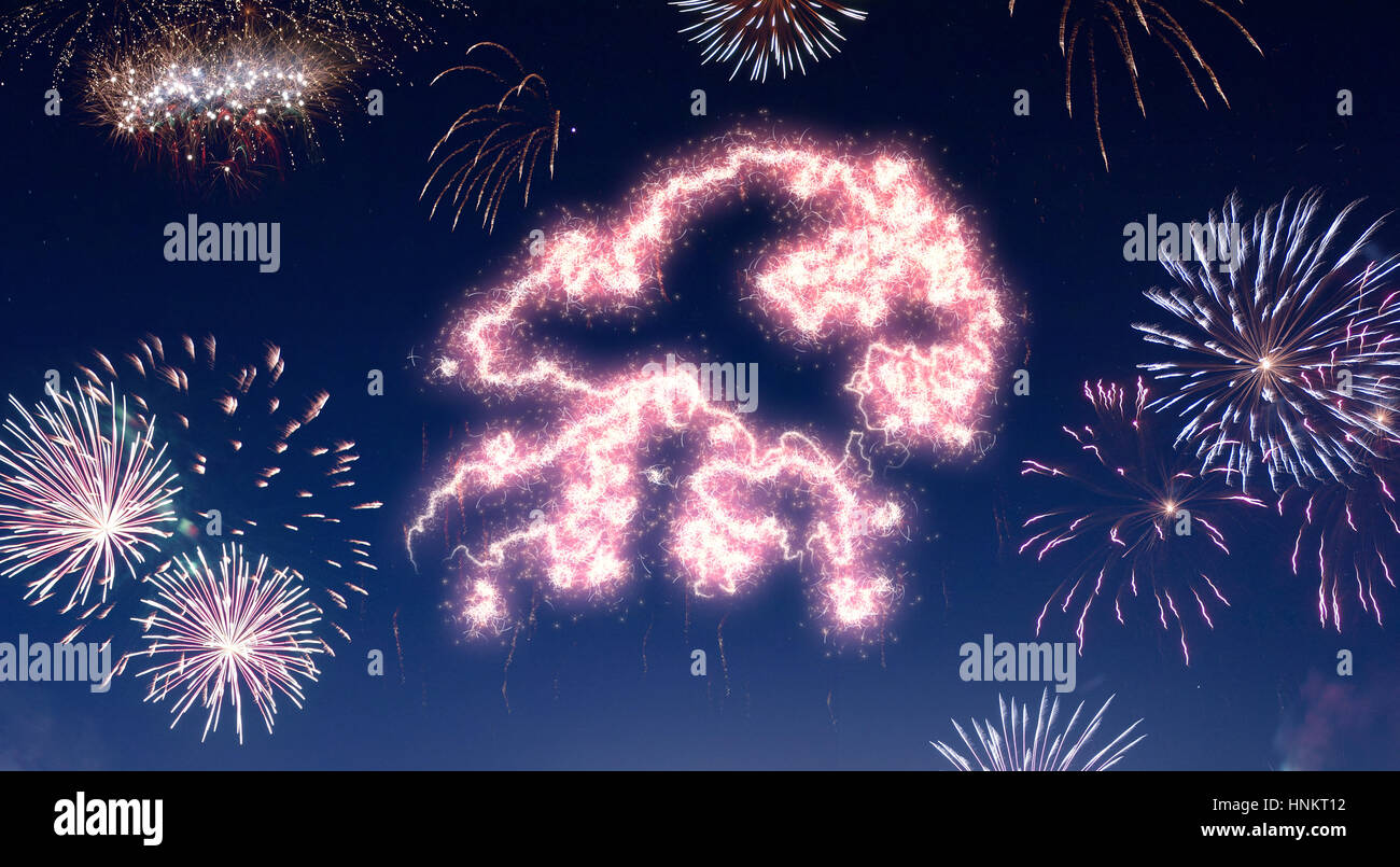 A dark night sky with a sparkling red firecracker in the shape of Hong ...