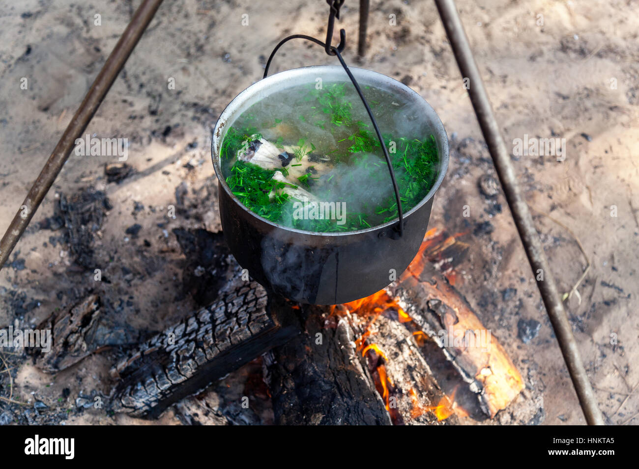 fish soup cooking in a pot on a fire in the forest by the sea Stock