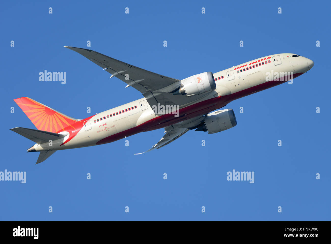 Air India Boeing 787-8 Dreamliner VT-ANO taking off from London Heathrow Airport in blue sky Stock Photo