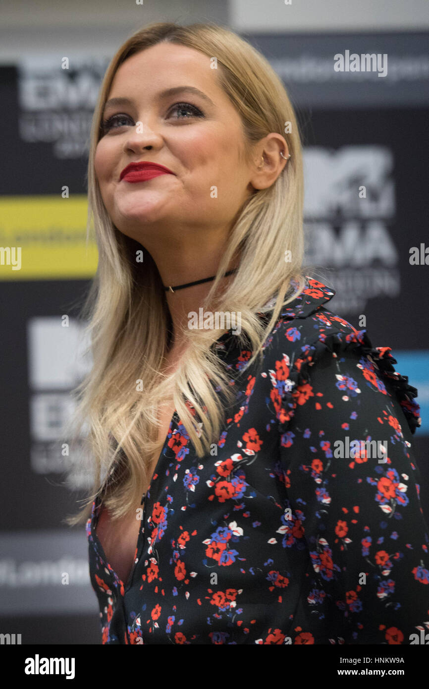 MTV presenter Laura Whitmore at the offices of Viacom in London where Mayor of London Sadiq Khan announced that the MTV European Music Awards will be held in the city on November 12. Stock Photo