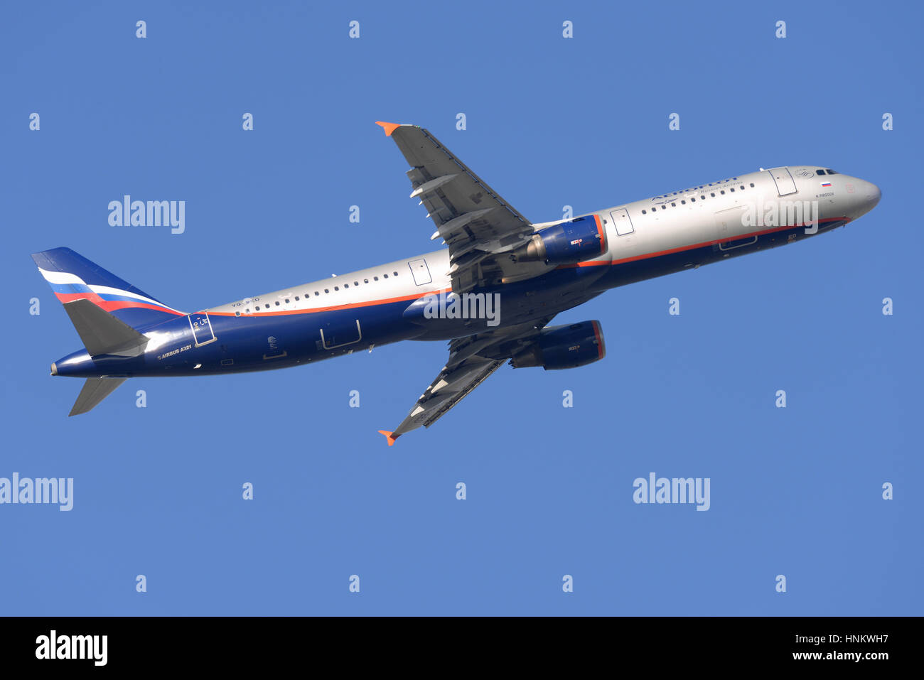 Aeroflot Airbus A321-211 VQ-BED 'N Pirogov' taking off from London Heathrow Airport in blue sky. Russian airline Stock Photo