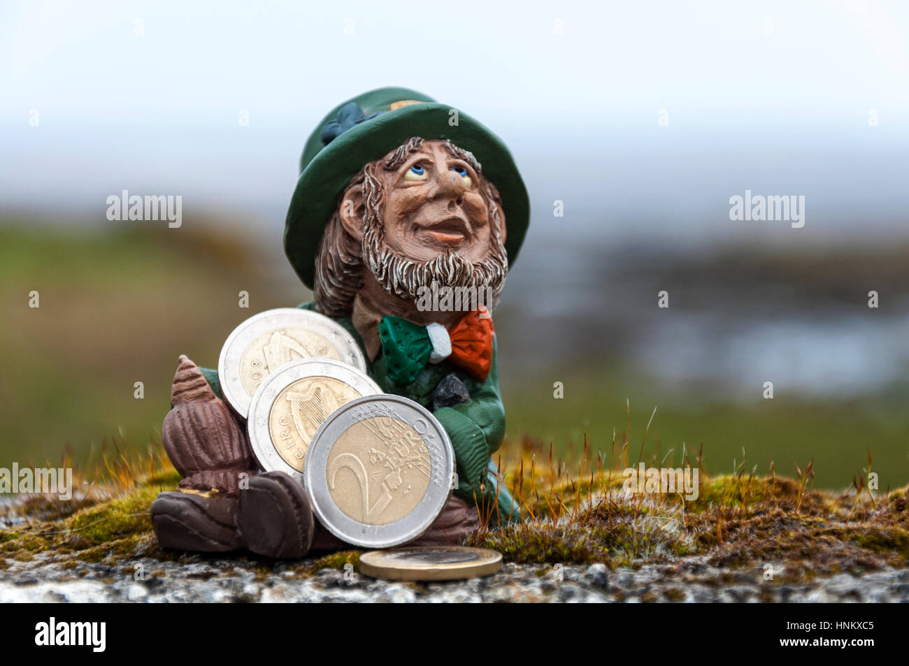 Ireland and the Euro currency money concept with leprechaun economics Stock Photo