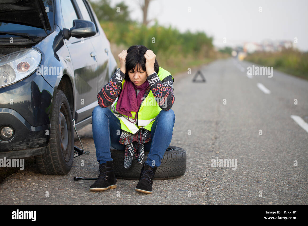 Woman Car Broke Down On The Empty Road Selective Focus And Small Depth Of Field Stock Photo Alamy