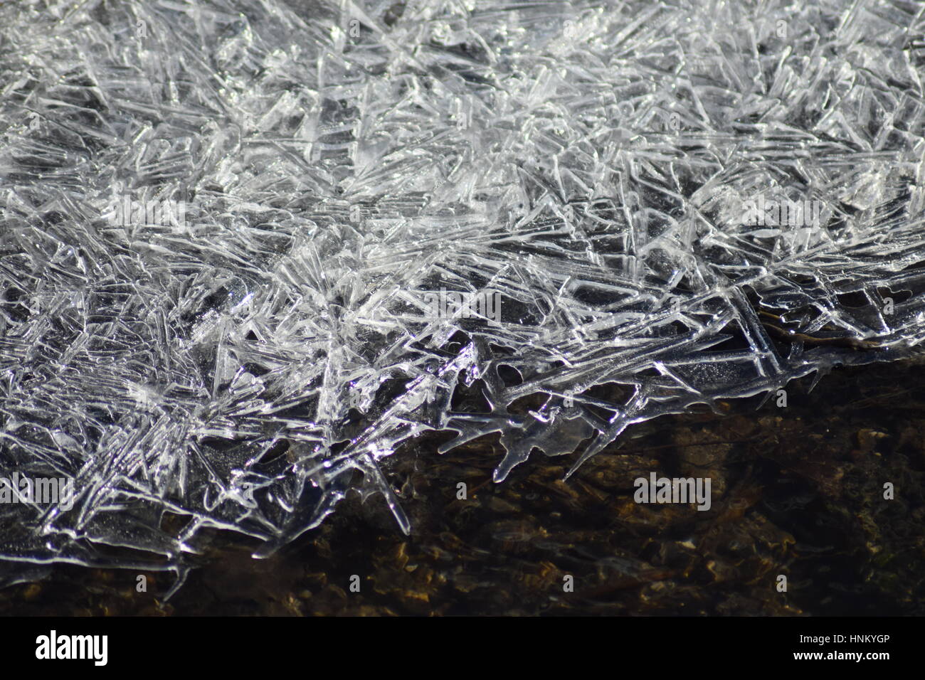 Ice crystals in different shapes and structures taken at a stream Stock
