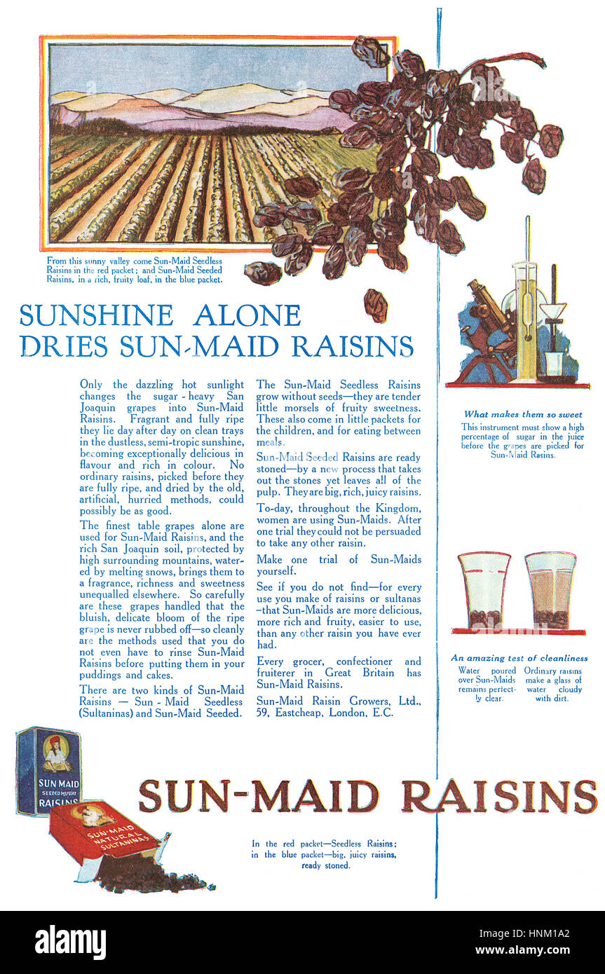 1923 British advertisement for Sun-Maid Raisins Stock Photo