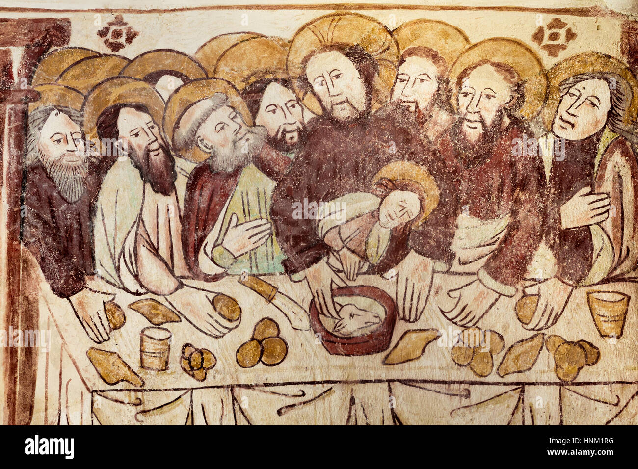 Jesus and the diciples at the last supper, a gothic fresco in Vemmerlov