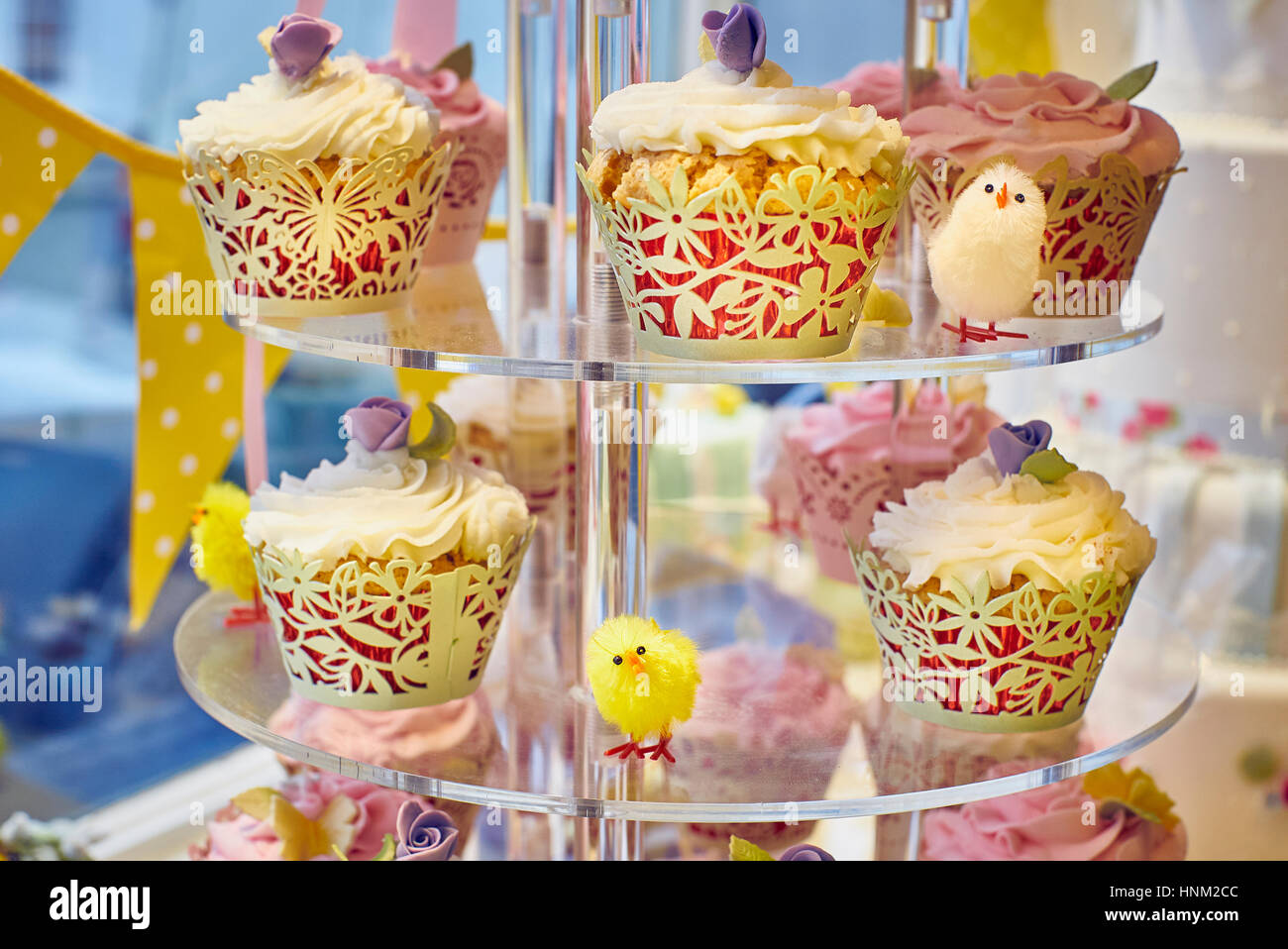 Easter cupcake window display in a cafe Stock Photo