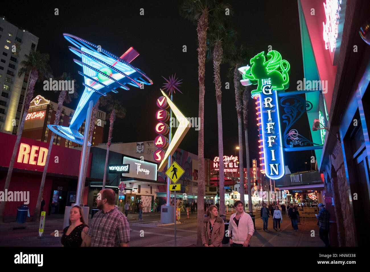 Neon signage along Fremont Street in Las Vegas, Nev. is seen Saturday, Jan. 14, 2017. Stock Photo