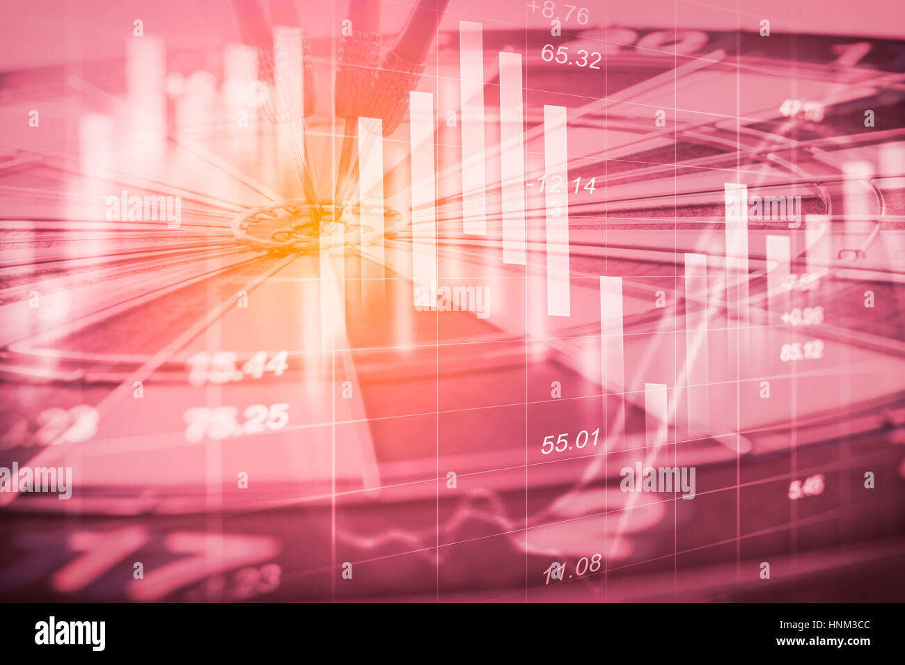 Target arrow on dart board and stock market indicator graph. Financial graph and stock market target. Target of stock market indicator financial analy Stock Photo