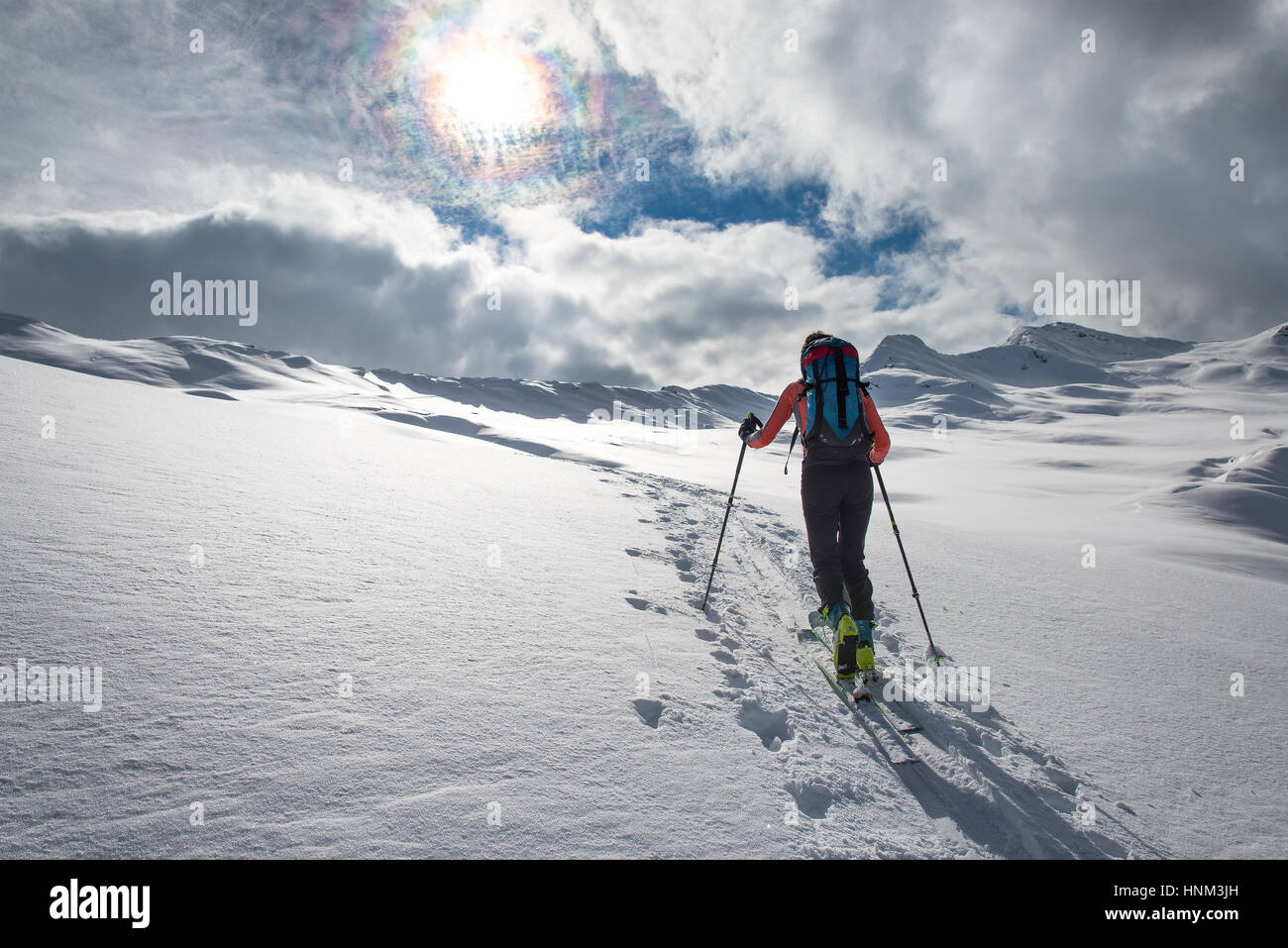Ascent ski mountaineering in a fairytale place on the alps Stock Photo