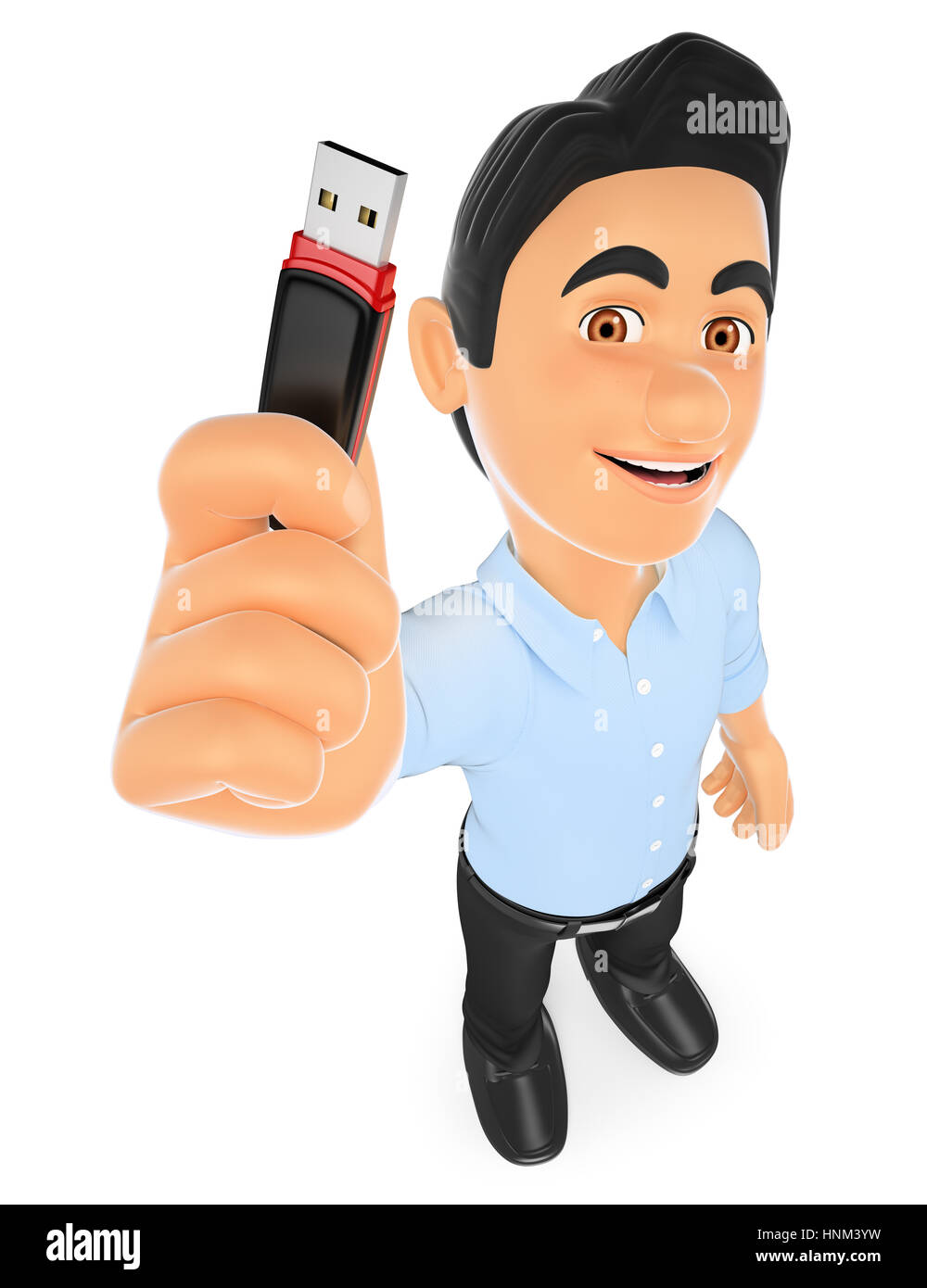 3d working people illustration. Information technology technician with a usb memory stick. Isolated white background. Stock Photo