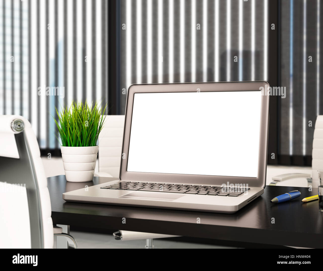 3d illustration modern office with blank laptop screen. Mockup Stock Photo