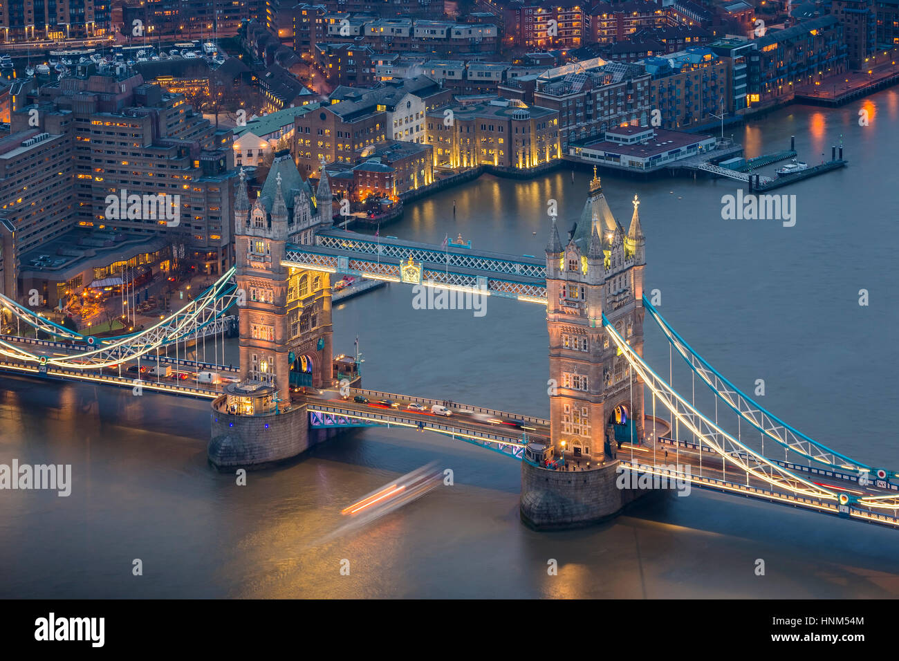 London, England - Aerial view of the world famous Tower Bridge by night Stock Photo