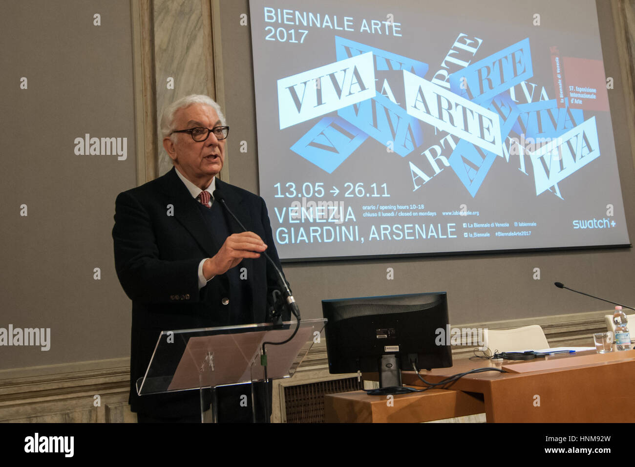 VENICE - FEBRUARY 06: Christine Macel and Paolo Baratta, curator and director, attend at the Press Conference for the 57 Venice Biennale Arte 2017. Stock Photo