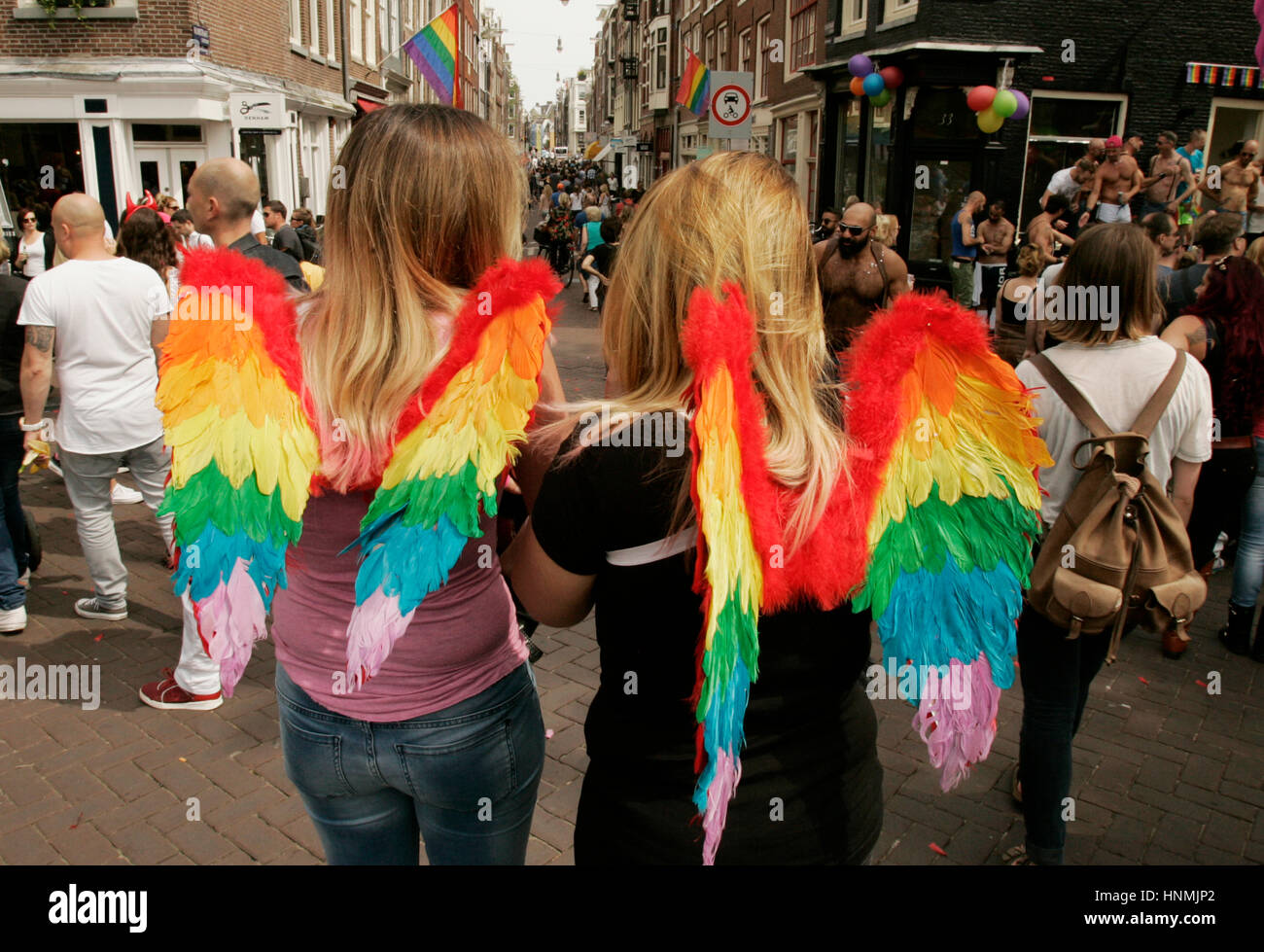 People on the street during  Gay Pride celebration in Amsterdam,Netherlands. Stock Photo