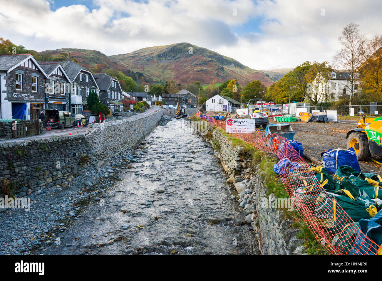 Repairs being made to flood damage at Glenridding after the 2015 storm Desmond. Lake District National Park, Cumbria, England. Stock Photo