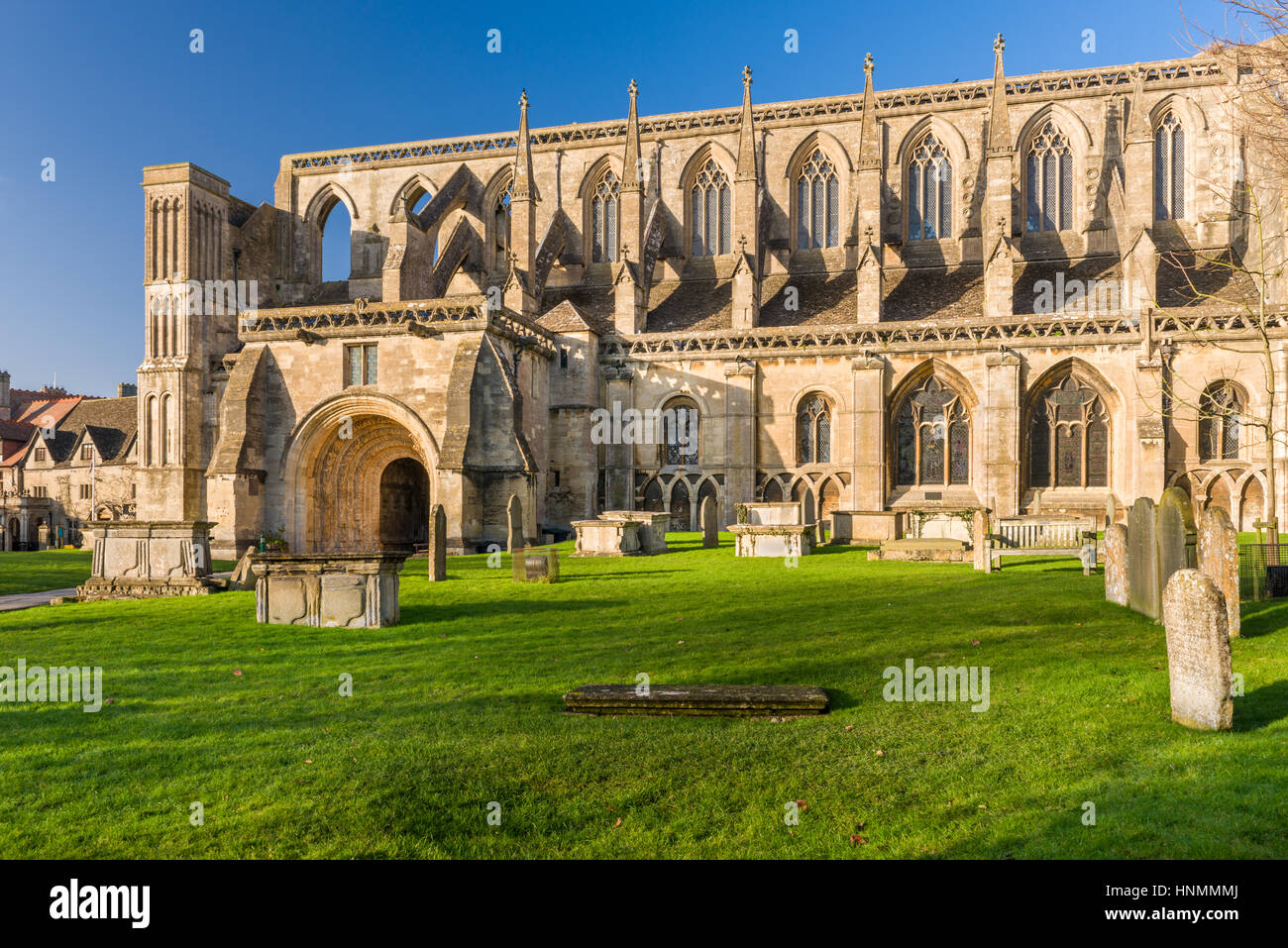 A panoramic view of the ancient abbey in the Wiltshire market town of Malmesbury in early February. Stock Photo