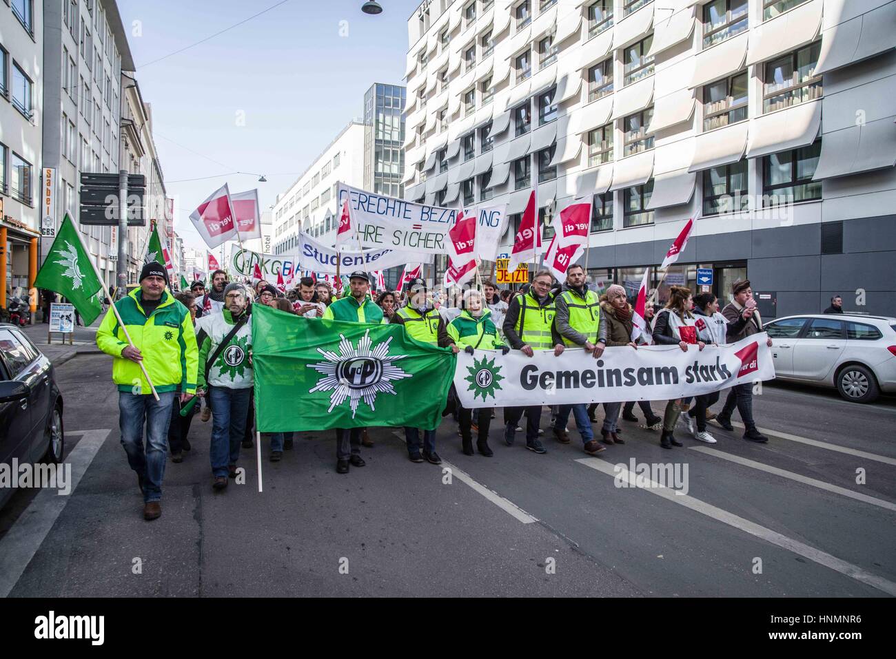 Munich, Germany. 14th Feb, 2017. The Ver.di and police unions called for a warning strike today in Munich in a series of strikes in Germany. Included in the strike are workers of the TU and LMU universities, Deutsches Museum, courts, hospitals, Bayerische Staatsoper, Bayerisches Schauspiel, and others including highway workers. The demonstration start was at the Gewerkschaftshaus on Schwanthalerstrasse and ended at the famed Geschwister-Scholl-Platz at the LMU university. Credit: ZUMA Press, Inc./Alamy Live News Stock Photo