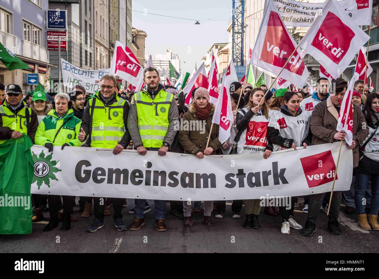 Munich, Germany. 14th Feb, 2017. The Ver.di and police unions called for a warning strike today in Munich in a series of strikes in Germany. Included in the strike are workers of the TU and LMU universities, Deutsches Museum, courts, hospitals, Bayerische Staatsoper, Bayerisches Schauspiel, and others including highway workers. The demonstration start was at the Gewerkschaftshaus on Schwanthalerstrasse and ended at the famed Geschwister-Scholl-Platz at the LMU university. Credit: ZUMA Press, Inc./Alamy Live News Stock Photo