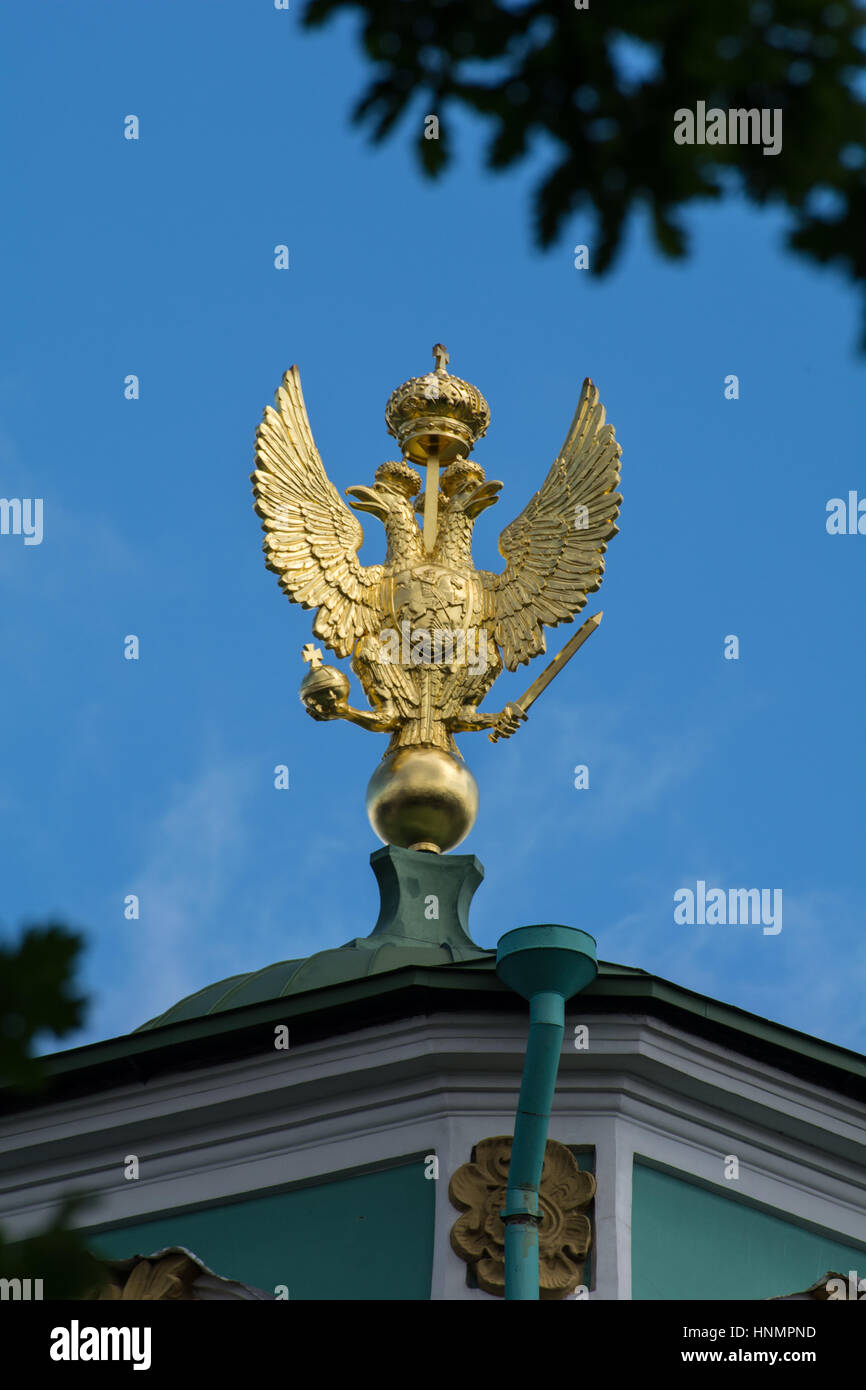 ST. PETERSBURG, RUSSIA - JULY 12, 2016: Three-headed eagle, architecture element fence of Alexander column. Saint Petersburg, Russia. Stock Photo
