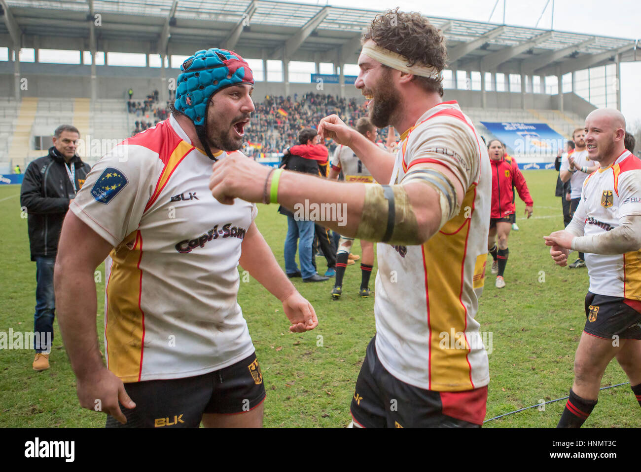 Offenbach, Germany. 11th Feb, 2017. Jarrid Els and Damien Tussac of Germany  cheer after the first match of the Rugby Europe Championship between  Germany and Romania in Offenbach, Germany, 11 February 2017.