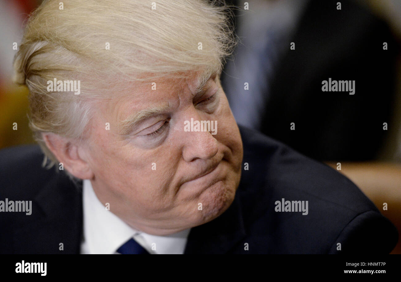 Washington, DC, USA. 14th Feb, 2017. United States President Donald Trump speaks during a parent-teacher conference listening session in the Roosevelt Room of the White House on February 14, 2017 in Washington, DC. Credit: MediaPunch Inc/Alamy Live News Stock Photo