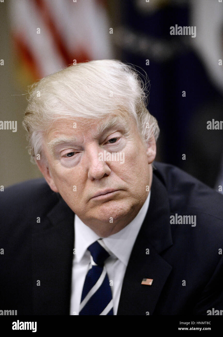 Washington, DC, USA. 14th Feb, 2017. United States President Donald Trump speaks during a parent-teacher conference listening session in the Roosevelt Room of the White House on February 14, 2017 in Washington, DC. Credit: MediaPunch Inc/Alamy Live News Stock Photo