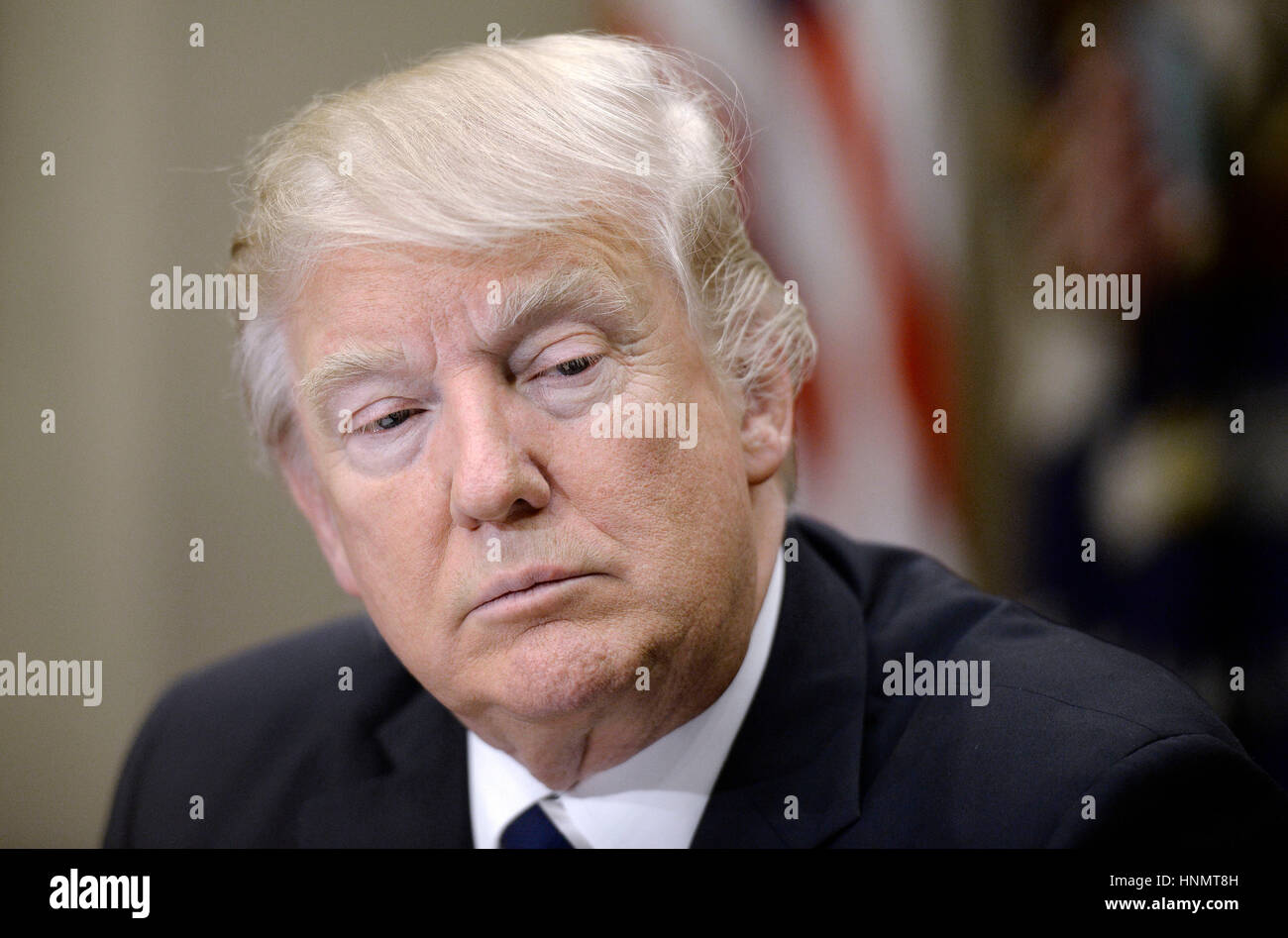 Washington, DC, USA. 14th Feb, 2017. United States President Donald Trump speaks during a parent-teacher conference listening session in the Roosevelt Room of the White House on February 14, 2017 in Washington, DC. Credit: MediaPunch Inc/Alamy Live News Stock Photo