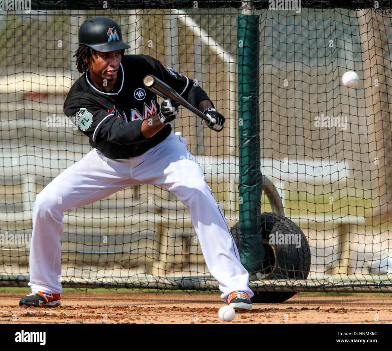 Florida, USA. 14th Feb, 2017. Florida Marlins pitcher #62 Jose Urena practices bunting during the first day of spring training at Roger Dean Stadium in Jupiter on February 14, 2017. Credit: Richard Graulich/The Palm Beach Post/ZUMA Wire/Alamy Live News Stock Photo