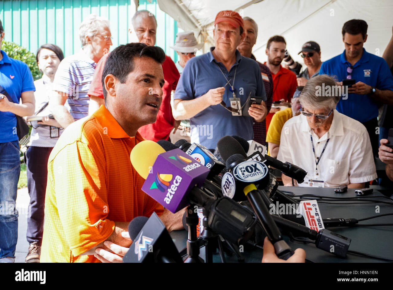 Florida, USA. 14th Feb, 2017. Florida Marlins President David Samson speaks to the media during the first day of spring training at Roger Dean Stadium in Jupiter on February 14, 2017. Credit: Richard Graulich/The Palm Beach Post/ZUMA Wire/Alamy Live News Stock Photo