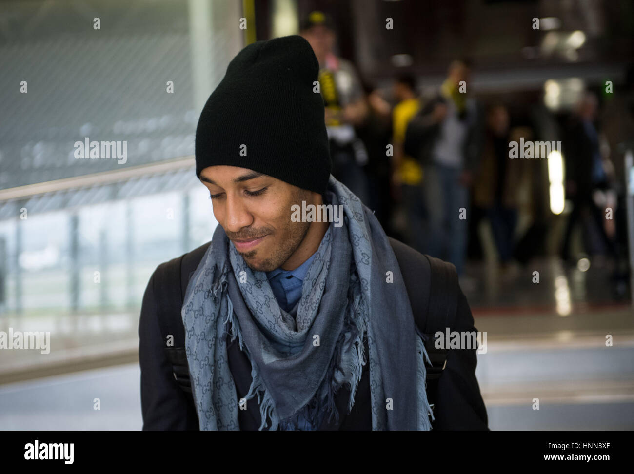 Lisbon, Portugal. 15th Feb, 2017. Borussia Dortmund player Pierre-Emerick Aubameyang waits for the return flight at the airport in Lisbon, Portugal, 15 February 2017. BVB were defeated in the round of 16 soccer Champions Legaue match by S.L. Benfica. Photo: Bernd Thissen/dpa/Alamy Live News Stock Photo