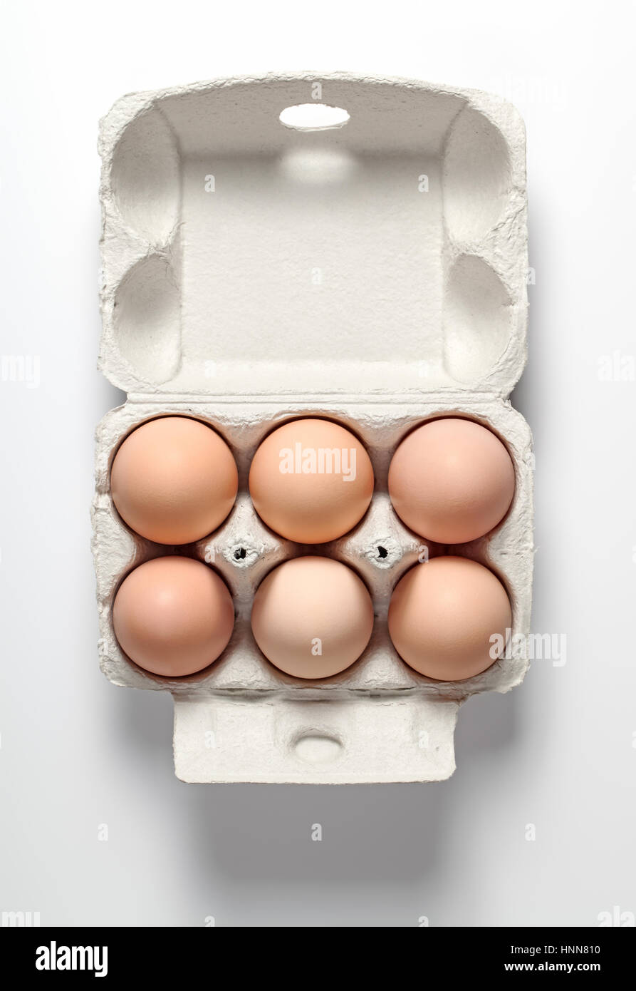 Fresh chicken eggs in container with natural shadow on white background. Top view Stock Photo