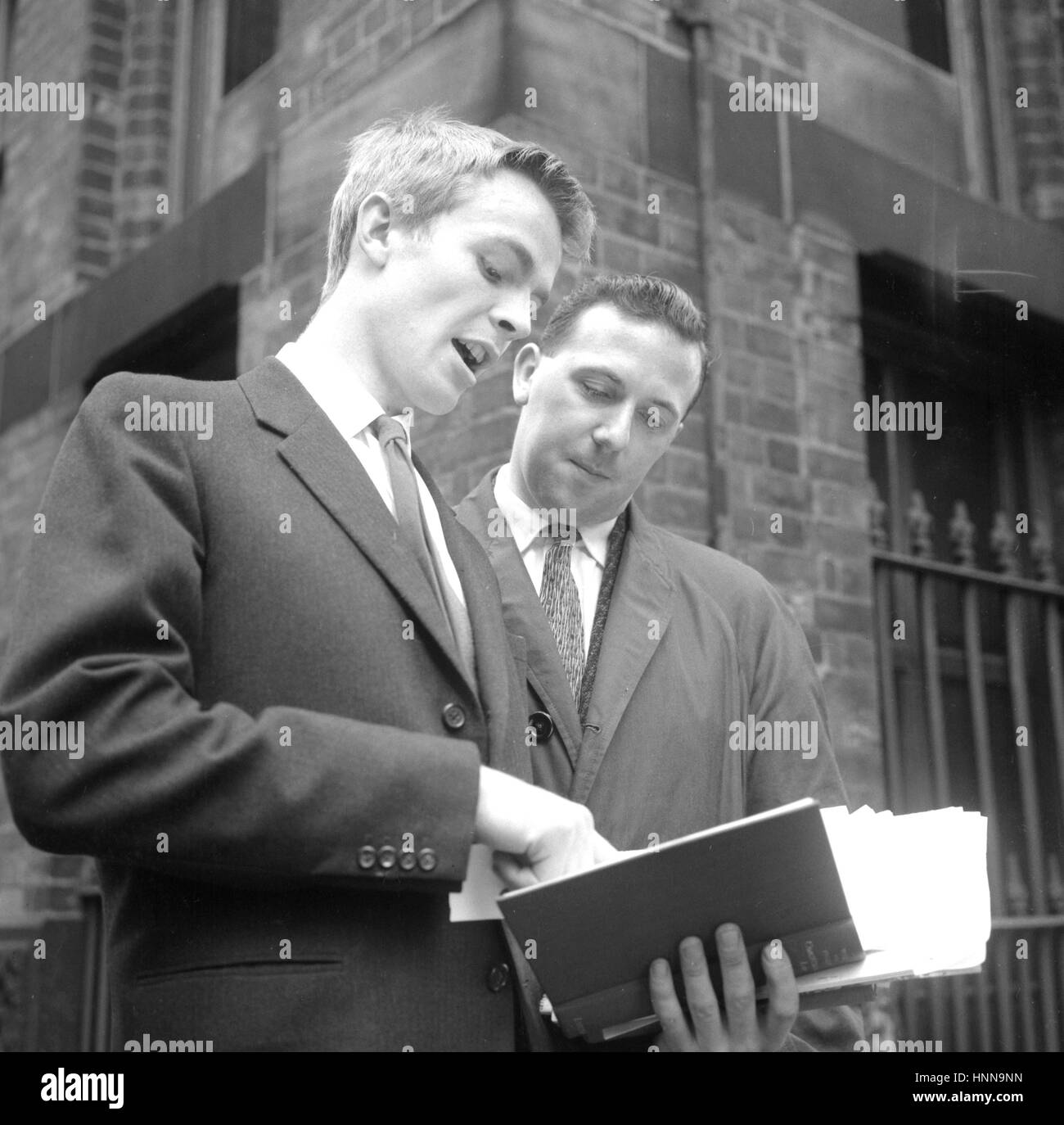 Max Mosley (left), 22-year-old law student son of Sir Oswald Mosley, pictured with Walter Hesketh, the former international athlete who is now northern organiser of the Union Movement in Manchester. Max Mosley made a successful application in private to a Manchester magistrate for a summons against Councillor Peter Grimshaw, a Labour member of Salford City Council. Stock Photo