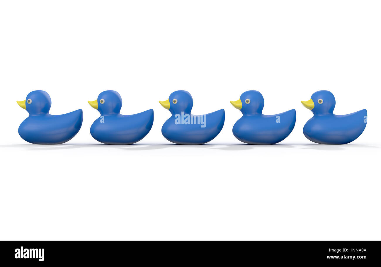 A row of organised and ready blue rubber bath duck toys on an isolated background - 3D render Stock Photo