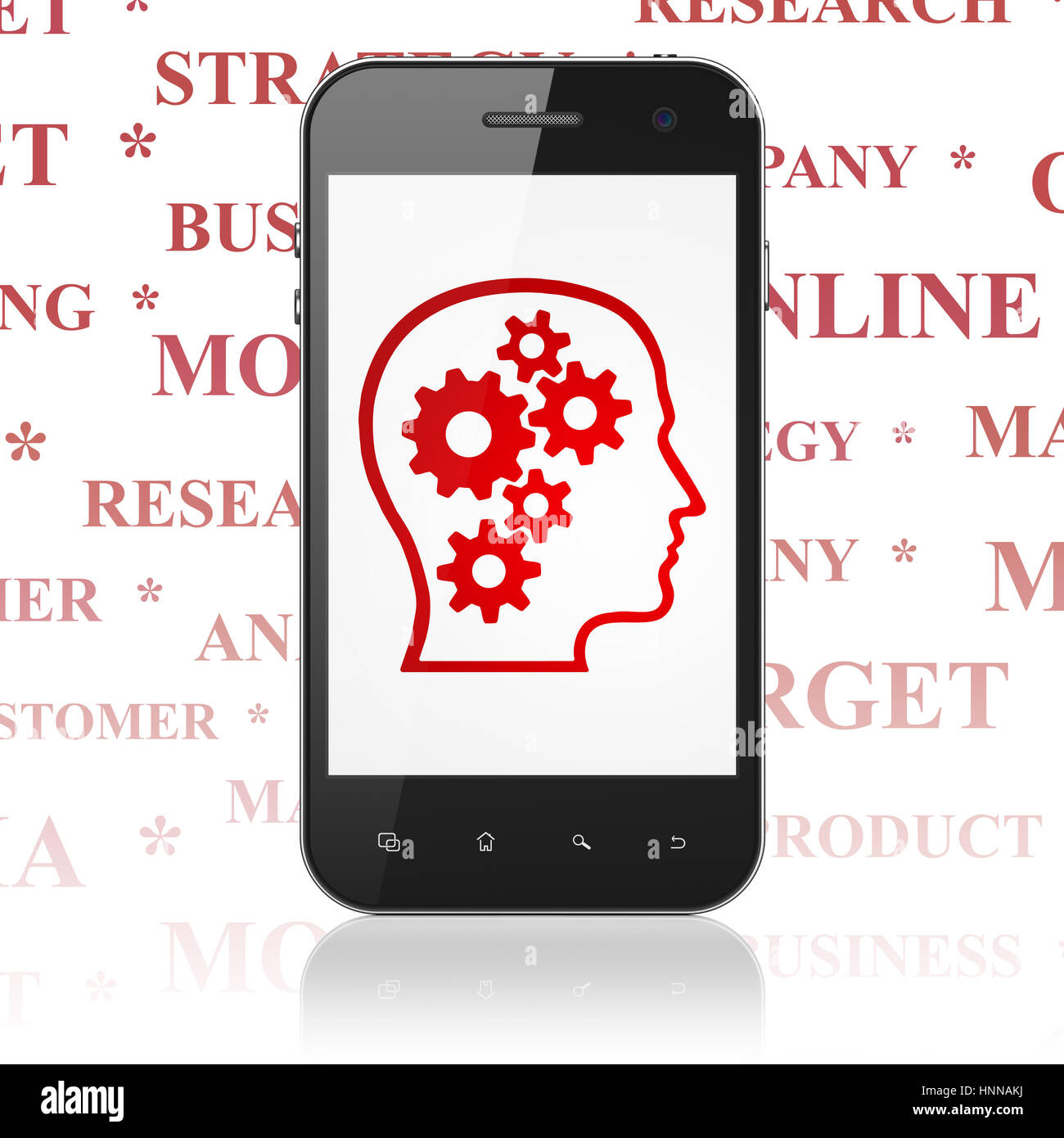 Advertising concept: Smartphone with Head With Gears on display Stock Photo