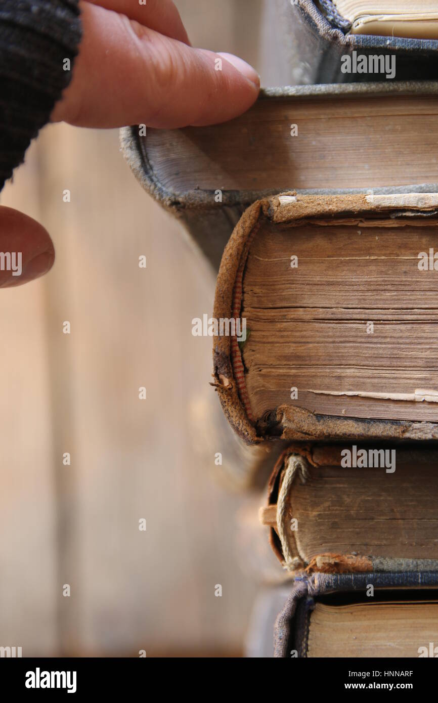 student or scientist takes the book on a shelf in the library, soft focus Stock Photo