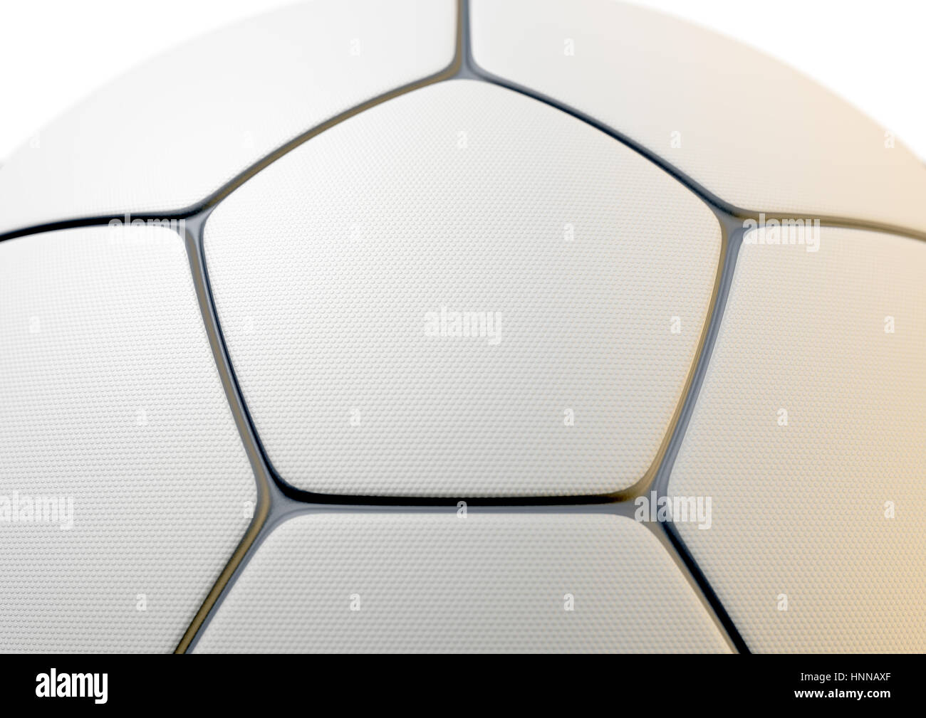 A closeup concept of a white synthetic soccer ball in a traditional shape with a dimple textured surface and dark grey inlays - 3D render Stock Photo
