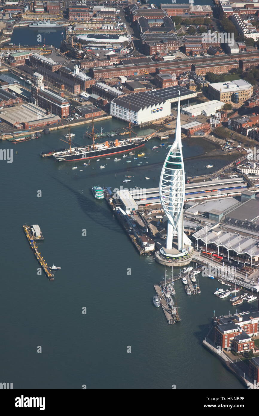 Aerial view Spinnaker Tower and HMS Warrior 1860 Tall Ship Gunwharf Quays Portsmouth Hampshire Stock Photo