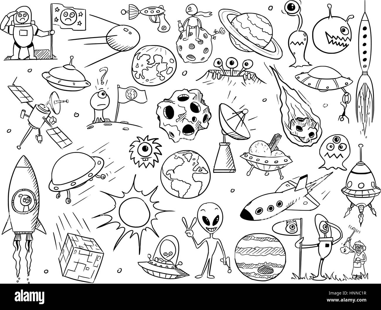 Set of cartoon vector doodle alien monsters and space props Stock Vector