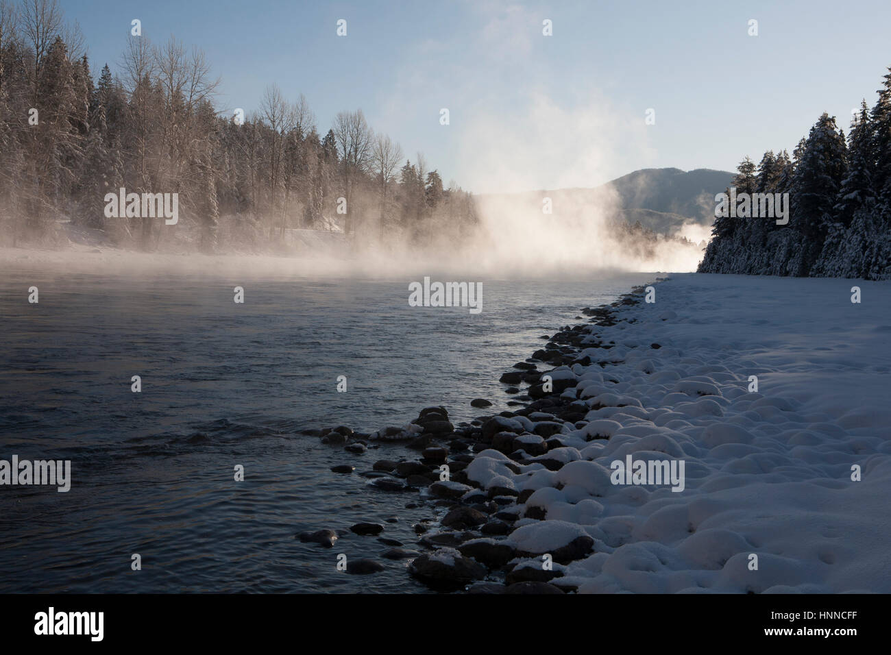 Clouds of steam rise from the South Fork of the Flathead River in sub