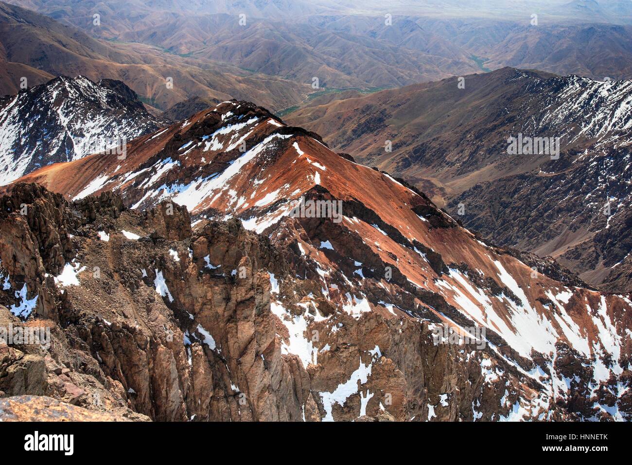 Toubkal national park, Morocco seen from Jebel Toubkal highest peak of Atlas mountains and