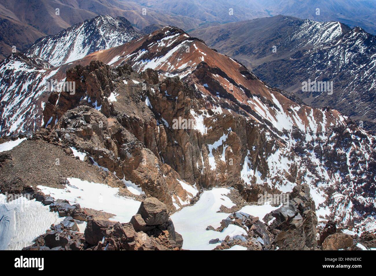 Toubkal national park, Morocco seen from Jebel Toubkal highest peak of Atlas mountains and