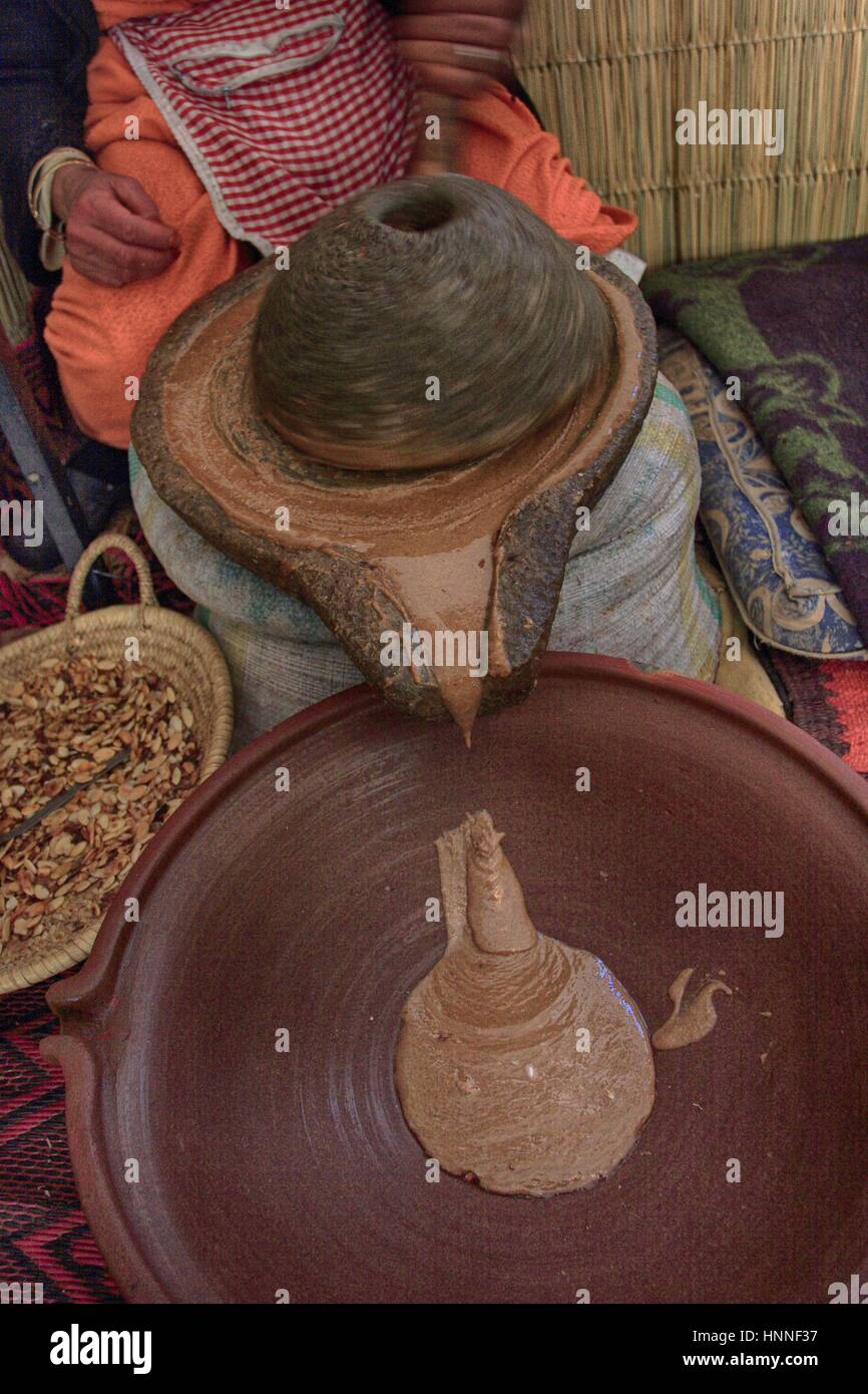 Argan oil production in women cooperative in morocco Stock Photo