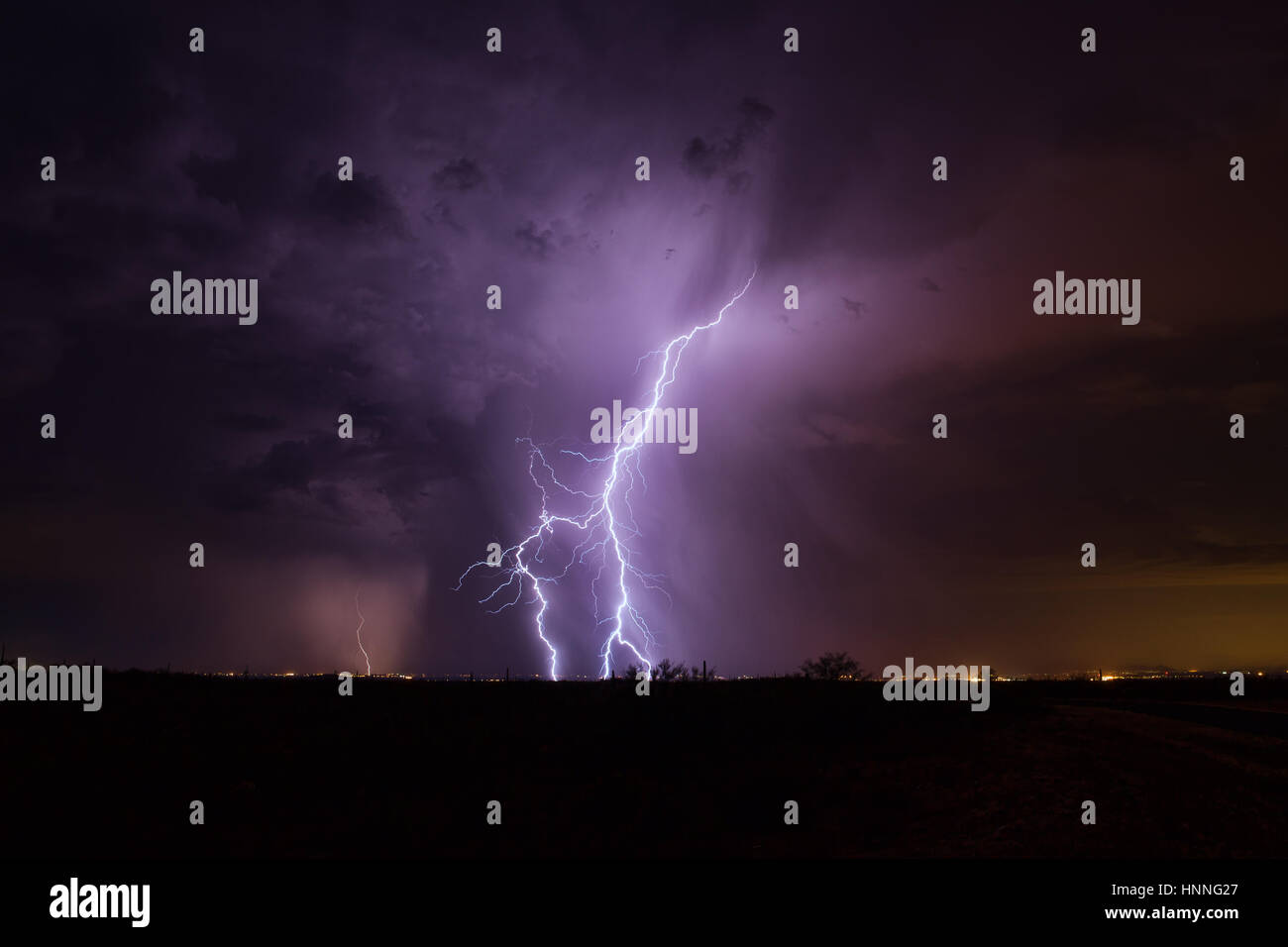 Monsoon storm lightning strike in Florence, Arizona Stock Photo